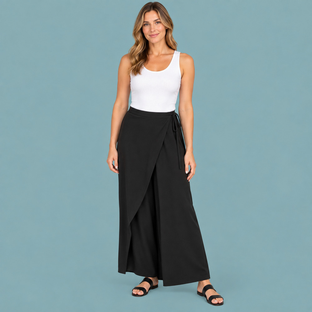 Eileen Fisher Large L Black System Solid Wrap Front Side Tie Silk Wide Leg Pants